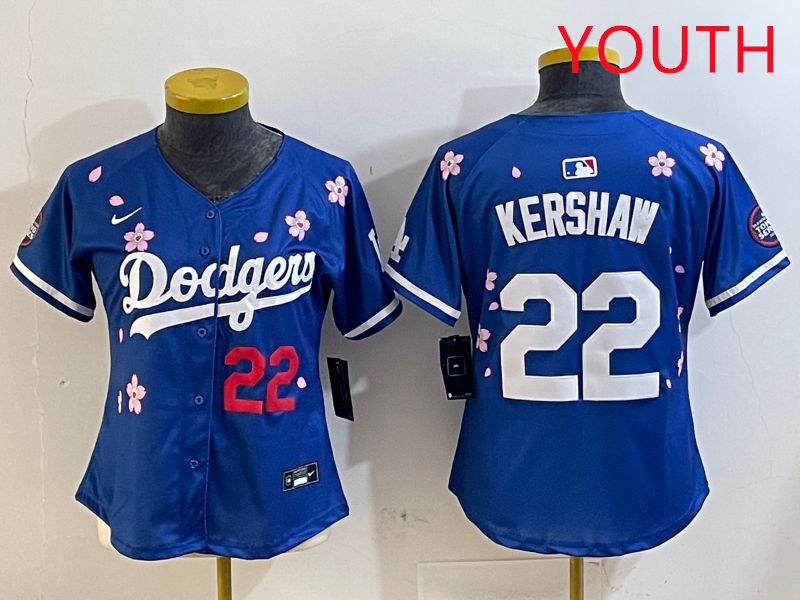 Youth Los Angeles Dodgers #22 Kershaw Blue White Blue Sakura Edition 2025 Nike MLB Jersey style 3->youth mlb jersey->Youth Jersey